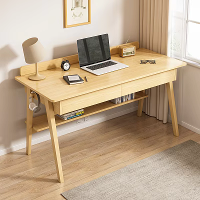 Modern Wooden Desk with Laptop Lamp Alarm Clock Glasses Notepad and Books on Shelf 3d model