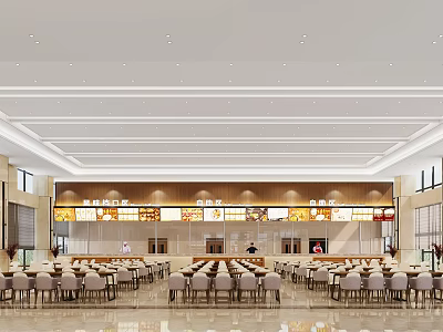 Bright And Modern Dining Hall Interior With Tables Chairs And Food Counters 3d model