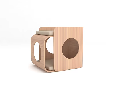 Modern Wooden Pet Bed With Circular Holes Two Level Soft Cushion 3d model
