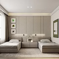 Modern Bedroom Interior With Twin Beds Nightstand Table Lamps And Wall Art