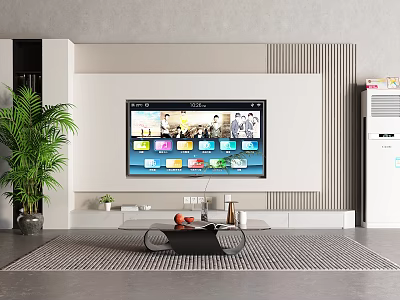 Modern TV Wall In Minimalist Living Room With Plant 3d model