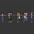 Multiple Cartoon Characters With Different Hairstyles And Various Outfits Standing In A Line Arms Outstretched