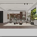 Modern Living and Dining Room Interior With Sofa Bookshelf And Floor to Ceiling Windows