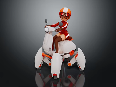Futuristic White And Orange Motorcycle With Mechanical Legs Ridden By Female In Red Helmet Goggles 3d model
