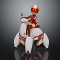 Futuristic White And Orange Motorcycle With Mechanical Legs Ridden By Female In Red Helmet Goggles