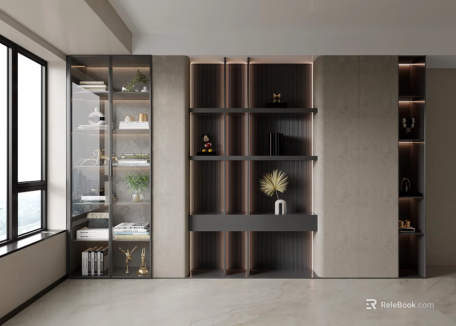 Modern Built in Bookcase Design With Glass Doors Lighting And Decorative Items 3d model