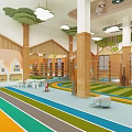 Kindergarten Play Space With Green Leaf Decor Wooden Walls Colorful Floor And Counter Stools