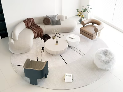 Curved Sofa Coffee Table Combination With Accent Armchair Decorative Pillows Throw Blanket And Green Plant 3d model