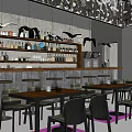 Modern Bar Interior Design With Wooden Counter Wine Bottles Stools And Tables