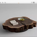 Natural Tree Stump Coffee Table With Wood Grain Texture Stack of Books and Fruit Bowl