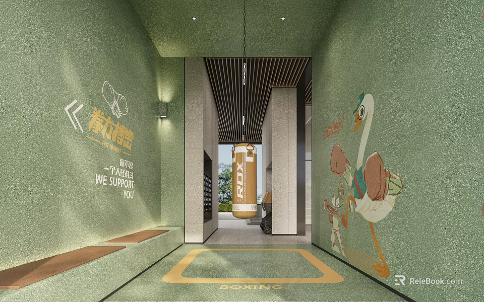 Inviting Dance Studio Entrance With Green Walls Cartoon Duck Art And Shine Motifs 3d model 