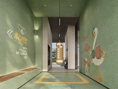 Inviting Dance Studio Entrance With Green Walls Cartoon Duck Art And Shine Motifs 3d model