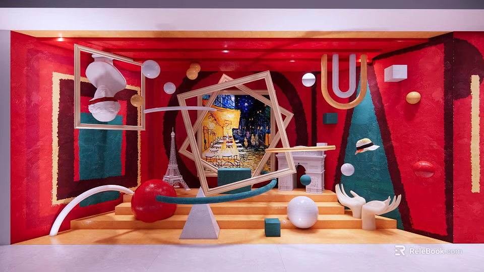 Artistic Shop Window Display with Red Background Geometric Frames and Circular Decorations 3d model 