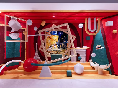 Artistic Shop Window Display with Red Background Geometric Frames and Circular Decorations 3d model