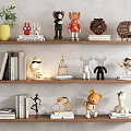 Decorative Ornaments Set on Wooden Shelves with Books Plants Figurines and Lamp