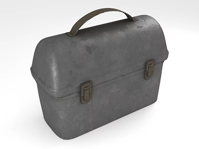 Vintage Gray Metal Suitcase With Brown Leather Handle And Metal Clasps 3d model