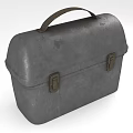Vintage Gray Metal Suitcase With Brown Leather Handle And Metal Clasps