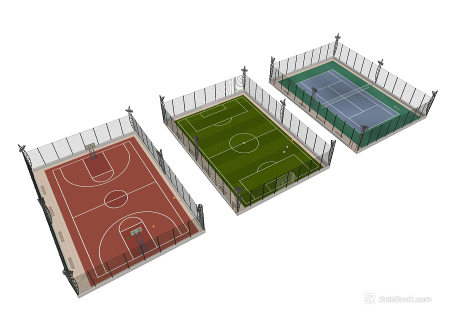 Fenced Outdoor Basketball Court With Adjacent Football And Tennis Courts 3d model 