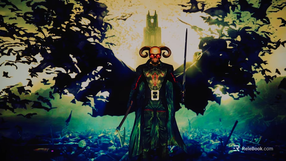 Game Movie Character Horned Demon With Sword Robe Cross Wings Ruins Green Yellow Hues 3d model 