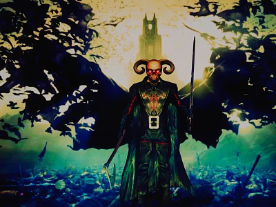 Game Movie Character Horned Demon With Sword Robe Cross Wings Ruins Green Yellow Hues 3d model