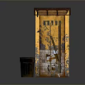 Small Yellow Building with Red Roof and Weathered Wooden Door and Trash Can Nearby