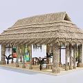 Rustic Thatch Roof Canopy with Wooden Columns Tables Chairs and Decorative Plants for Outdoor Lounge