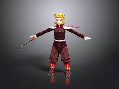 Anime Style Character With Blonde Hair Dark Red Uniform Sword Flame Patterns And Red Scarf 3d model