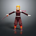 Anime Style Character With Blonde Hair Dark Red Uniform Sword Flame Patterns And Red Scarf