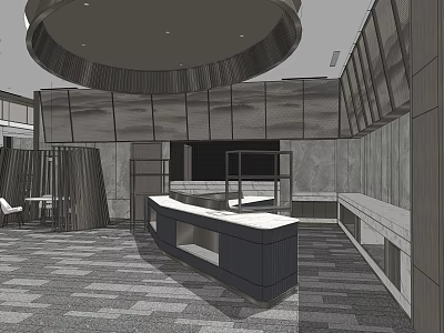 Modern Restaurant Interior With Marble Reception Counter And Circular Ceiling 3d model