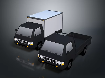 3D Designed Black Trucks With Box And Flatbed Bodies On Gray Background 3d model