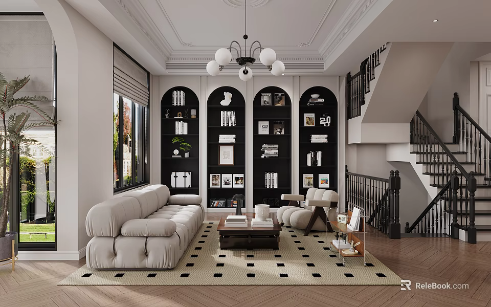Modern Living Dining Room Interior With White Sofa Built-in Bookshelves Chandelier And Staircase 3d model 