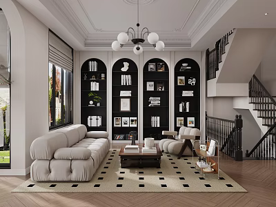 Modern Living Dining Room Interior With White Sofa Built-in Bookshelves Chandelier And Staircase 3d model