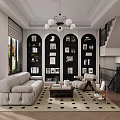Modern Living Dining Room Interior With White Sofa Built-in Bookshelves Chandelier And Staircase