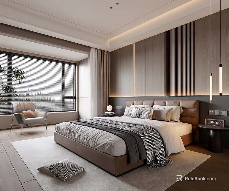 Modern Bedroom Interior Design With Upholstered Headboard Large Window Wooden Panel Walls And Area Rug 3d model 