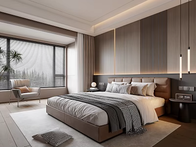 Modern Bedroom Interior Design With Upholstered Headboard Large Window Wooden Panel Walls And Area Rug 3d model