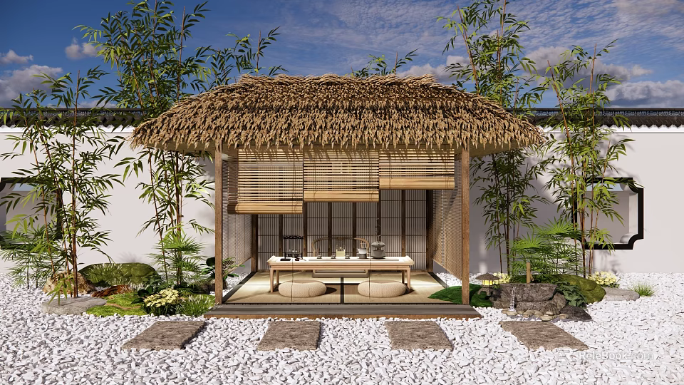 Japanese Pergola with Thatched Roof Bamboo Curtains Bamboo Plants White Walls Pebble Ground and Bench 3d model 