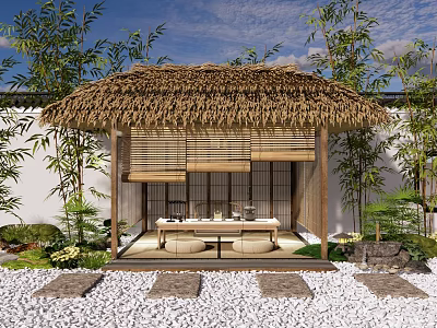 Japanese Pergola with Thatched Roof Bamboo Curtains Bamboo Plants White Walls Pebble Ground and Bench 3d model