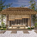 Japanese Pergola with Thatched Roof Bamboo Curtains Bamboo Plants White Walls Pebble Ground and Bench