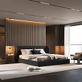 Modern Bedroom Design With Black Bed Frame Striped Accent Wall LED Lighting And Area Rug