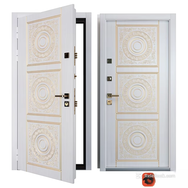 White Interior Swing Door With Carved Circular Patterns And Decorative Panels 3d model 