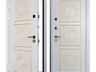 White Interior Swing Door With Carved Circular Patterns And Decorative Panels 3d model