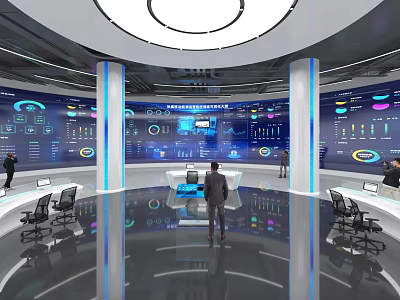 High Tech Monitoring Control Room With Large Screens Data Charts And Staff 3d model