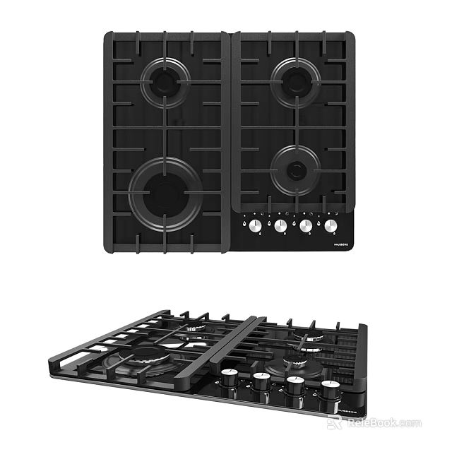 Black Gas Stove Cooktop With Multiple Burners And Control Knobs Design 3d model 