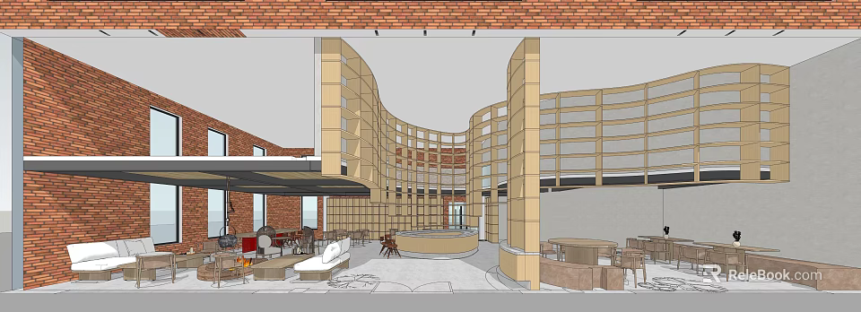Modern Industrial Cafe Interior With Curved Wooden Structures Brick Walls And Open Layout 3d model 