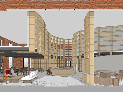 Modern Industrial Cafe Interior With Curved Wooden Structures Brick Walls And Open Layout 3d model