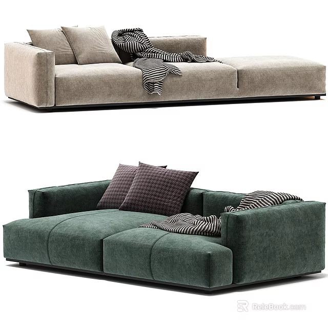 Modern Green Sectional Sofa With Plush Pillows And Soft Velvet Upholstery 3d model 