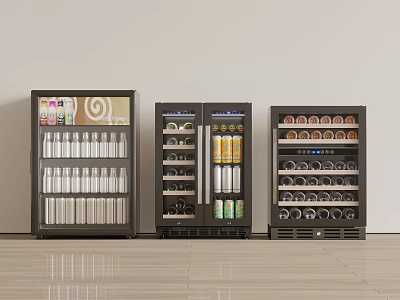 Three Black Beverage Display Fridges Filled With Bottled And Canned Drinks 3d model