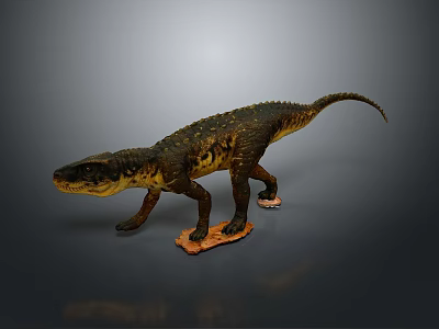 Detailed Realistic Dinosaur Model With Dark Green Yellow Body On Orange Base Against Grey Background 3d model
