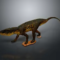Detailed Realistic Dinosaur Model With Dark Green Yellow Body On Orange Base Against Grey Background