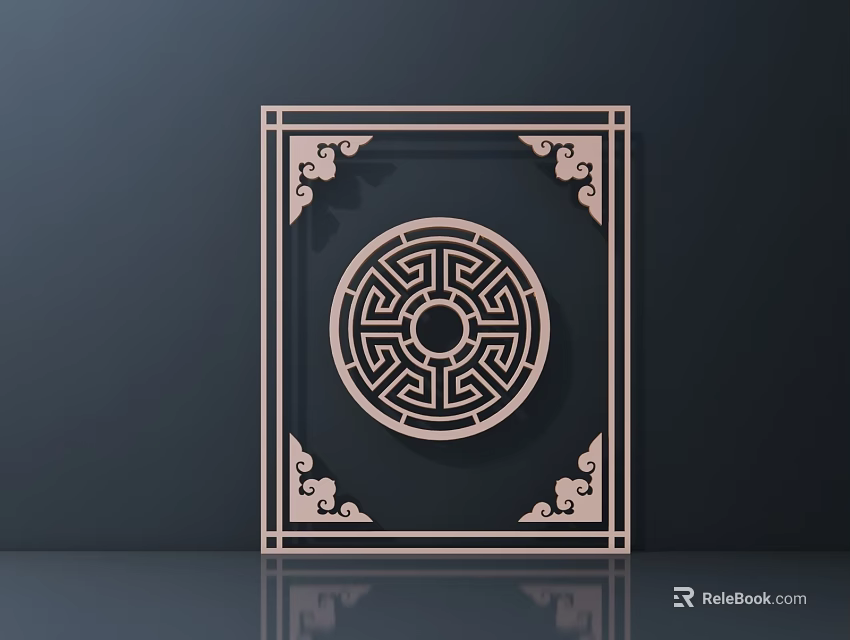 Traditional Chinese Carved Design With Circular Fretwork And Cloud Patterns In Square Frame 3d model 